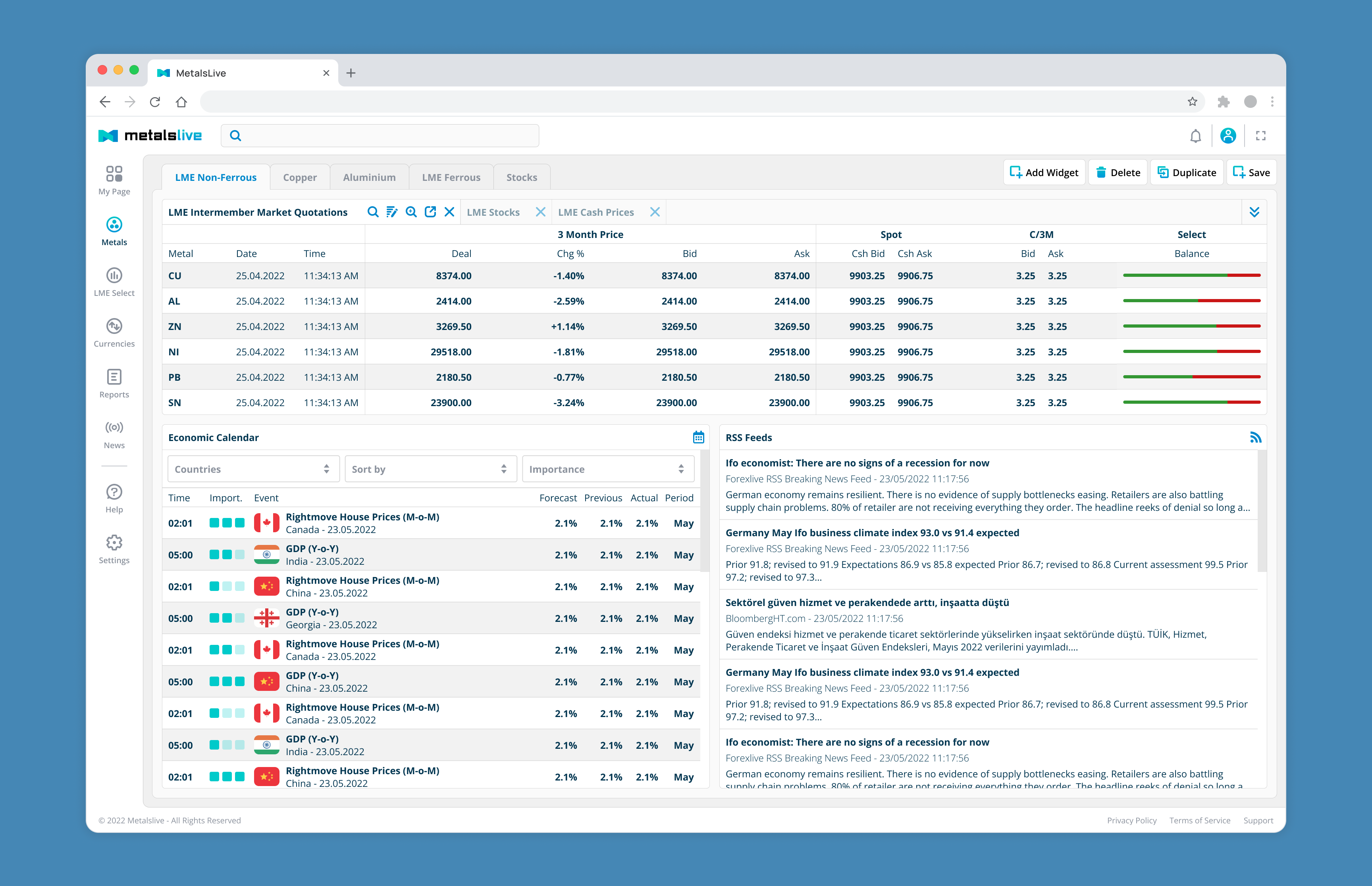 ForInvest desktop investment platform dashboard showing metal prices, economic calendar, and market news