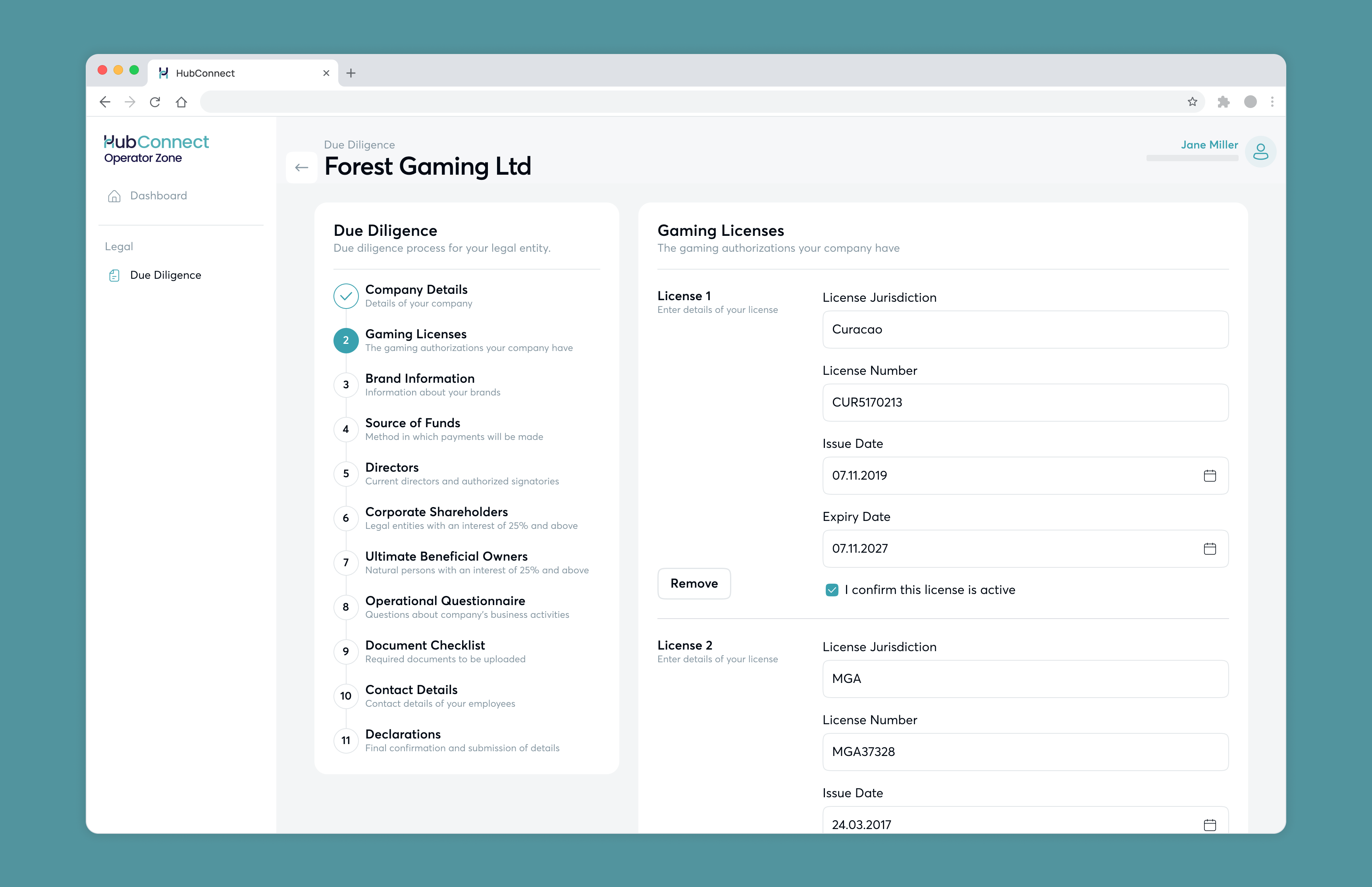 HubConnect due diligence gaming licenses form