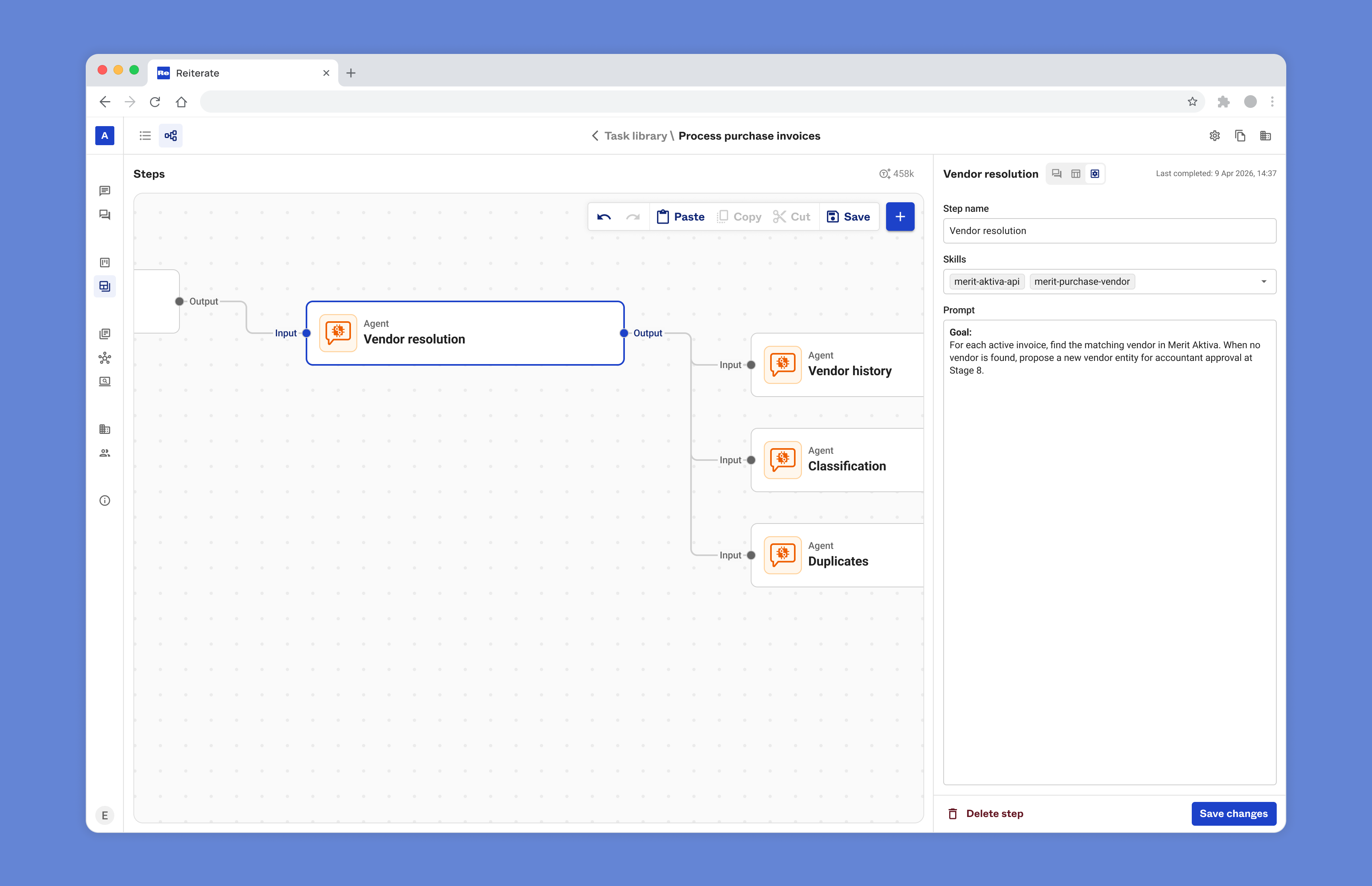 Reiterate workflow canvas showing an inspectable vendor resolution step