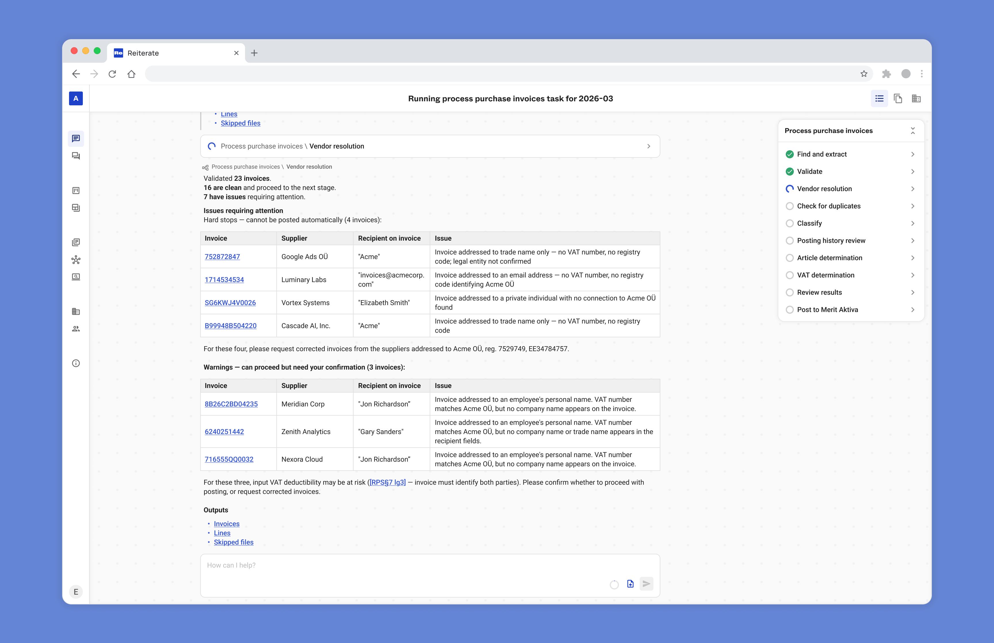Reiterate running workflow with vendor resolution output and process steps